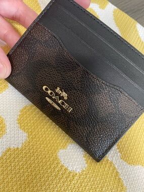 Coach Dark Brown Signature Card Case with Gold Logo